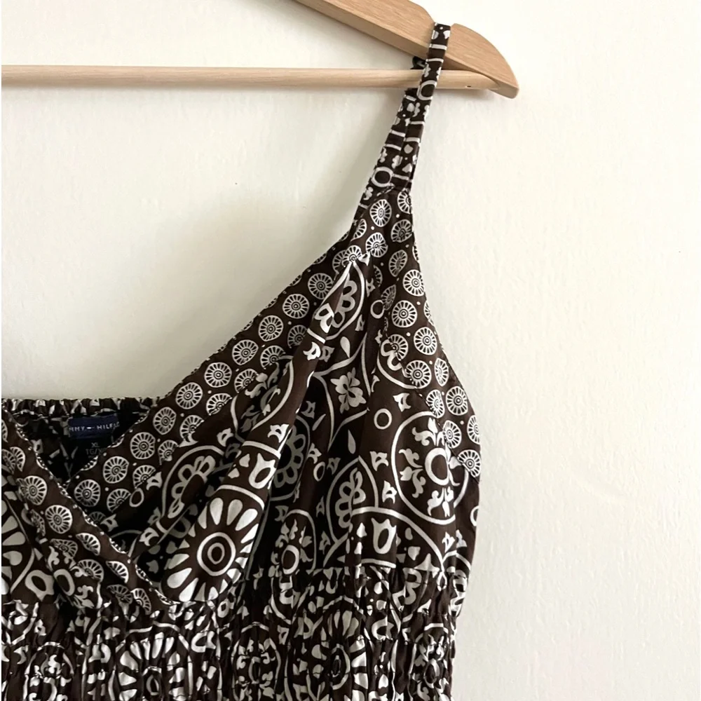 Y2K Tommy Hilfiger Patterned Brown and White Spaghetti Strap Dress w/ Pockets XL - Picture 4 of 10